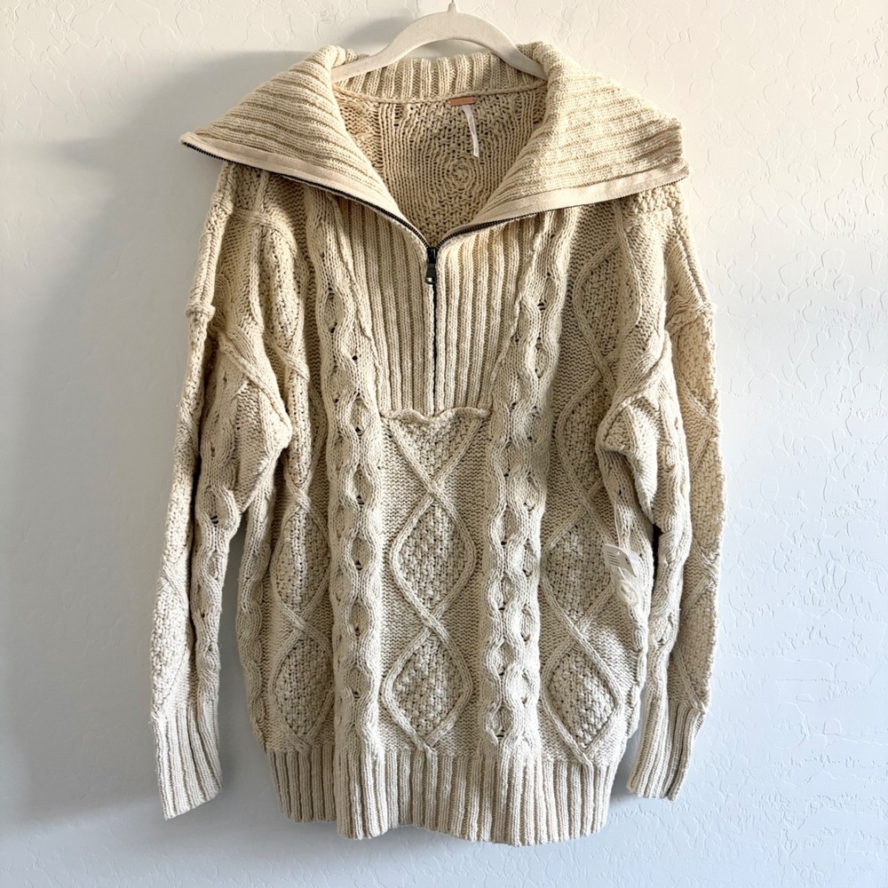 Free People Driftwood Cable Polo Ivory Half Zip Oversized Sweater OB1590762 S - Picture 4 of 10